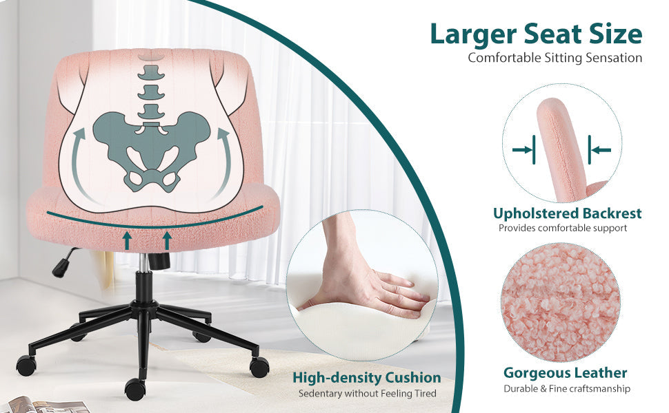 Criss Cross Chair with Wheels Wide Cross Legged Office Desk Vanity Chair Comfy Fabric Armless Adjustable Swivel for Home Computer Task Teddy Pink