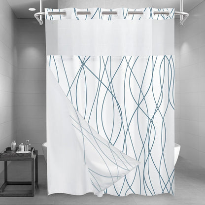 No Hook Grey White Striped Shower Curtain with Snap in Fabric Liner Set - Hotel Liner Set with See Through Mesh Top Window,Machine Washable, 71x74 INCH