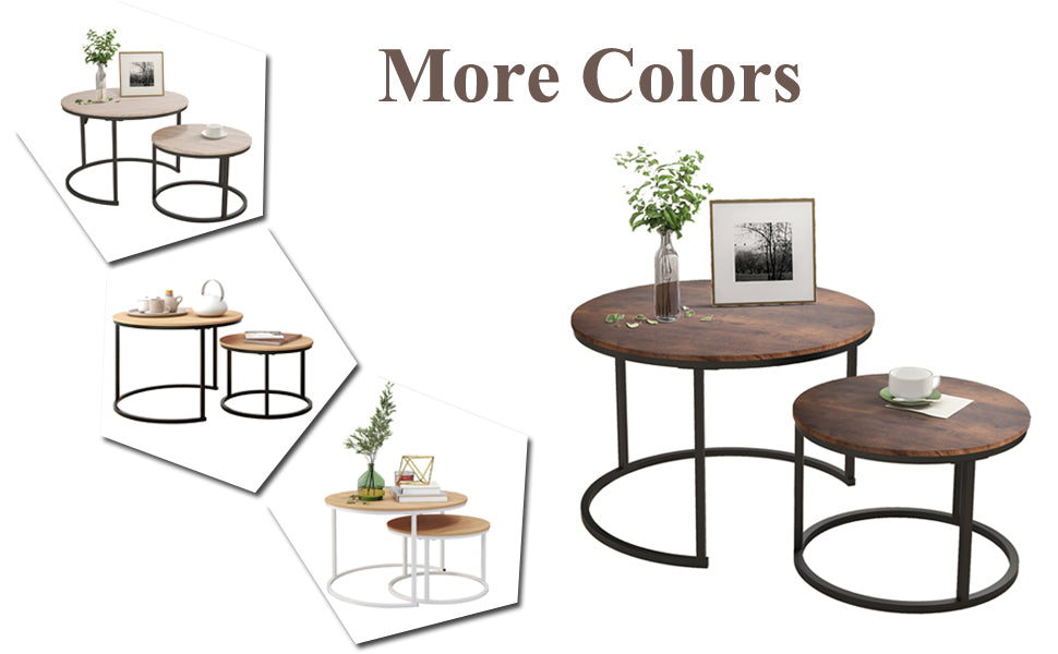 HOJINLINERO Round Coffee Table,Nesting Coffee Table Set of 2,Center Tables for Living Room,Office, Home Small Space,Stacking Side Tables,Sturdy and Easy Assembly,Wood Desktop,Brown,Large