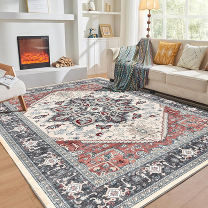Soft Area Rugs 5x7, 5x7 Washable Rug with Non Slip Backing, 5 x 7 Faux Cashmere Low-Pile Carpet, Navy Blue & Gold
