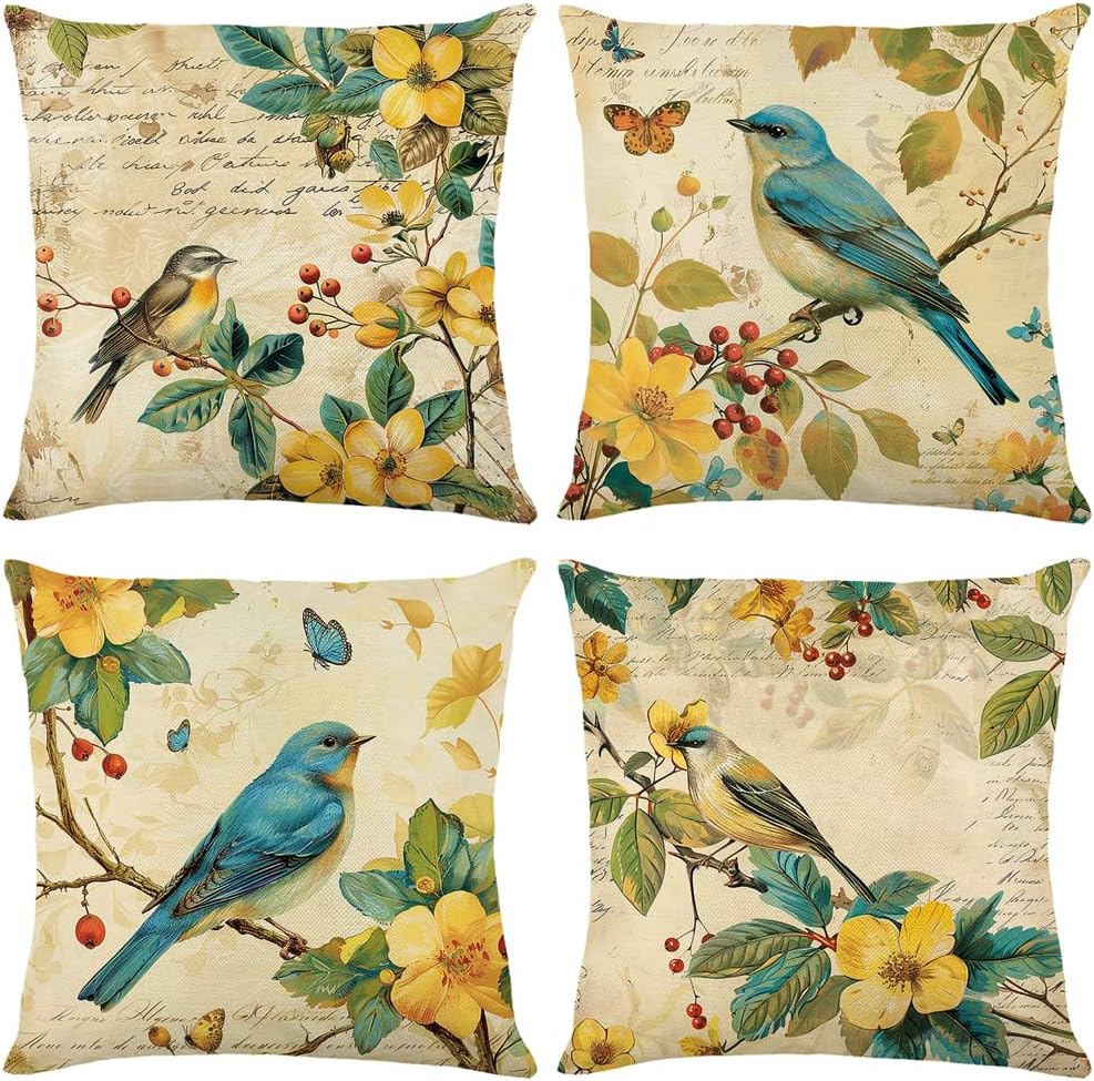 wyooxoo Throw Pillow Covers 18x18 Set of 4 Decorative Spring Pillow Covers Linen Flower Butterfly Farmhouse Pillowcases for Sofa Couch Living Room Outdoor