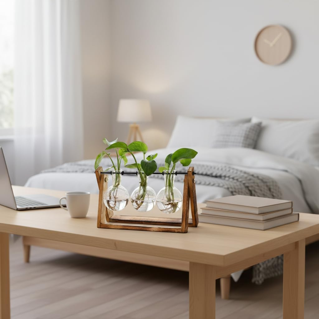 Plant Terrarium with Wooden Stand, Air Planter Bulb Glass Vase Metal Swivel Holder Retro Tabletop for Hydroponics Home Garden Office Decoration - 3 Bulb Vase