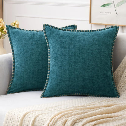 MIULEE Pack of 2 Couch Throw Pillow Covers 18x18 Inch Sage Green Farmhouse Decorative Pillow Covers with Stitched Edge Soft Chenille Solid Dyed Summer Pillow Covers for Sofa Bed Living Room