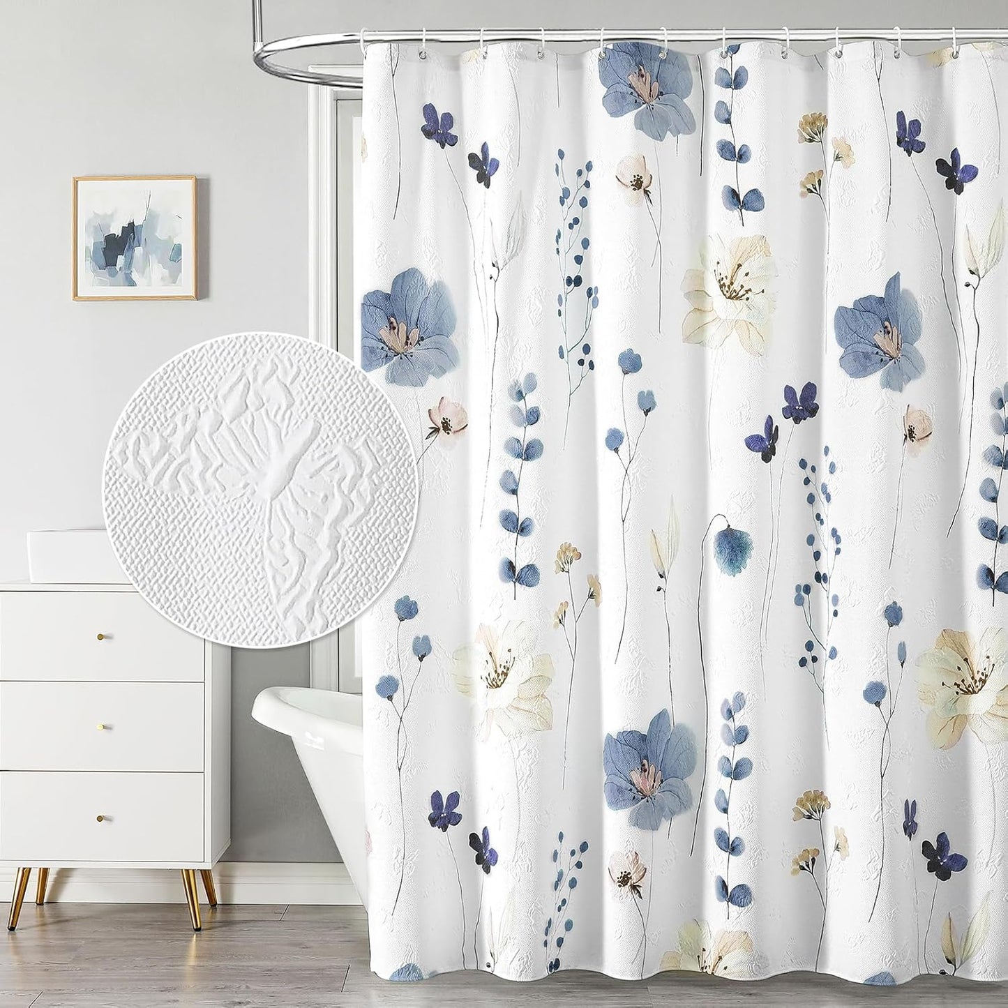 Watercolor Floral Shower Curtain, 3D Embossed Butterflies Grey Beige Flower Bathroom Curtains, Minimalist White Cloth Bath Curtain, Waterproof Fabric Textured Shower Curtain Set with Hooks, 72x72