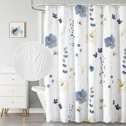 Watercolor Floral Shower Curtain, 3D Embossed Butterflies Grey Beige Flower Bathroom Curtains, Minimalist White Cloth Bath Curtain, Waterproof Fabric Textured Shower Curtain Set with Hooks, 72x72