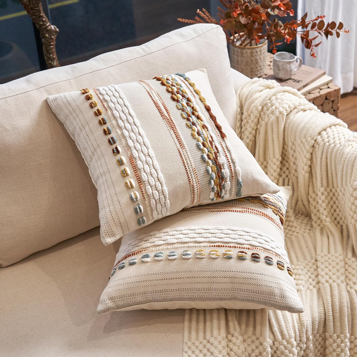 Aeckself Boho Throw Pillow Covers 18x18 Inch Set of 2, Farmhouse Decorative Striped Square Pillow Covers Chenille Tufted Pillow Cases Accent Neutral Pillowcase for Living Room Couch Bed, Orange White