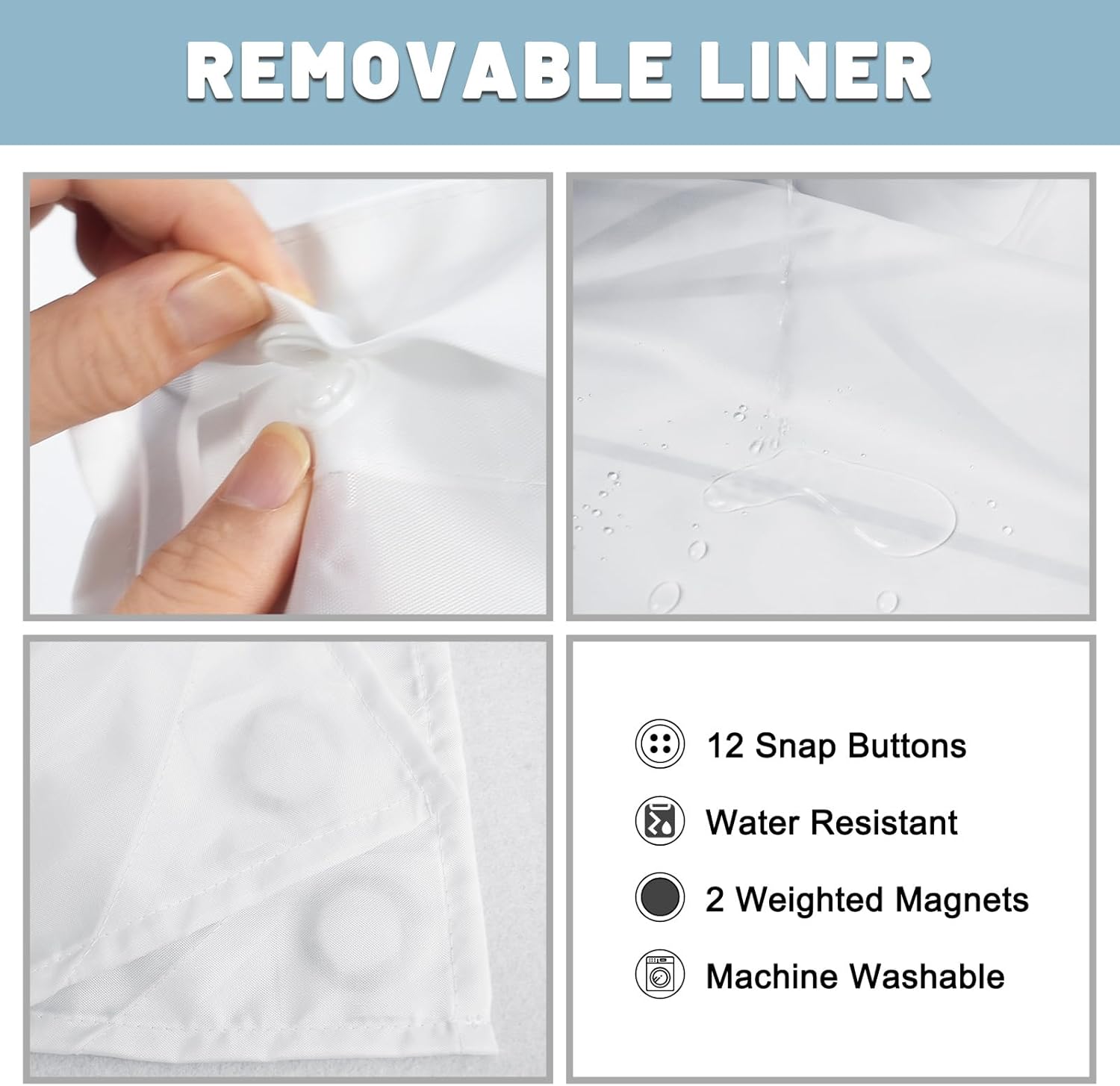 No Hook Grey White Striped Shower Curtain with Snap in Fabric Liner Set - Hotel Liner Set with See Through Mesh Top Window,Machine Washable, 71x74 INCH