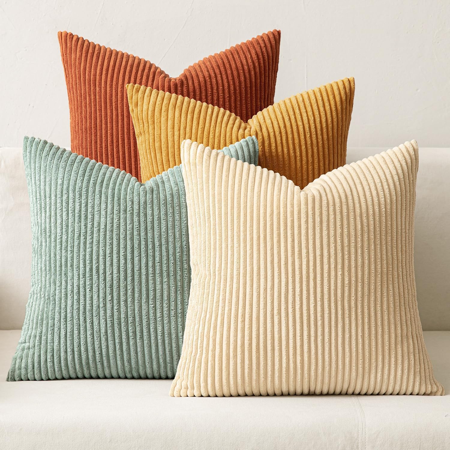 Boho Farmhouse Sage Green Throw Pillow Covers 18x18 Inch Set of 4 Mordern Nordic Cushion Covers Soft Corduroy Spring Home Decor for Couch Bed Sofa Living Room Forest Green
