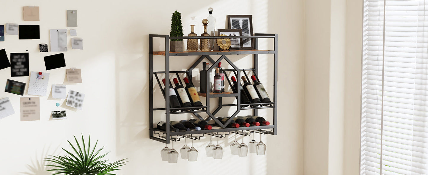 HOOBRO Wall Mounted Wine Rack with LED Light, 31.5" Wine Shelf, 3 Tier Wine Bottle Display Shelf with Glass Holder, Hanging Bar Liquor Storage Rack, for Kitchen, Bar, Rustic Brown and Black BF73DBJ01