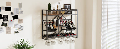 HOOBRO Wall Mounted Wine Rack with LED Light, 31.5" Wine Shelf, 3 Tier Wine Bottle Display Shelf with Glass Holder, Hanging Bar Liquor Storage Rack, for Kitchen, Bar, Rustic Brown and Black BF73DBJ01