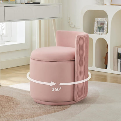 Velvet Vanity Chair with Storage, 360° Swivel Makeup Chair with Wave Back, No Assembly Small Accent Stool for Bedroom, Dressing, Living Room, White