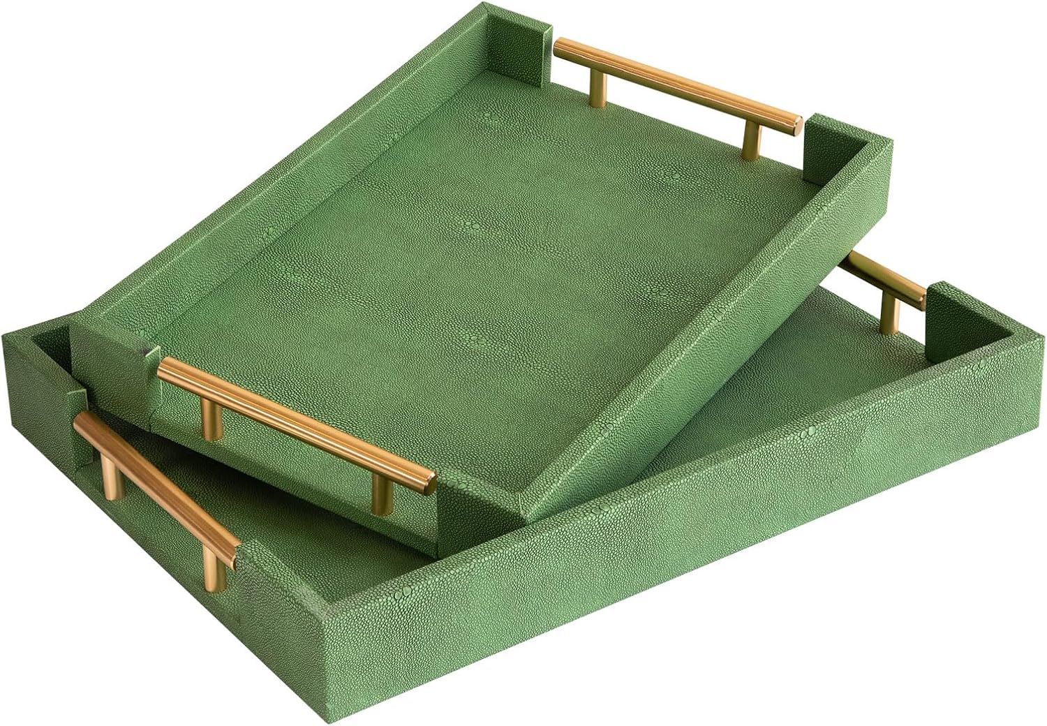 Modern Decorative Tray Set of 2 Ivory Shagreen Leather and Wood Serving Tray with Gold Polished Metal Handles for Ottoman, Coffee Table, Bathroom and More