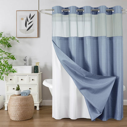 No Hook Waffle Shower Curtain with Snap in Fabric, Waterproof Shower Curtains with See Through Top Window, Hotel Luxury Heavy Duty Bathroom Curtain and Liner Set, 72'' x 75'', Black
