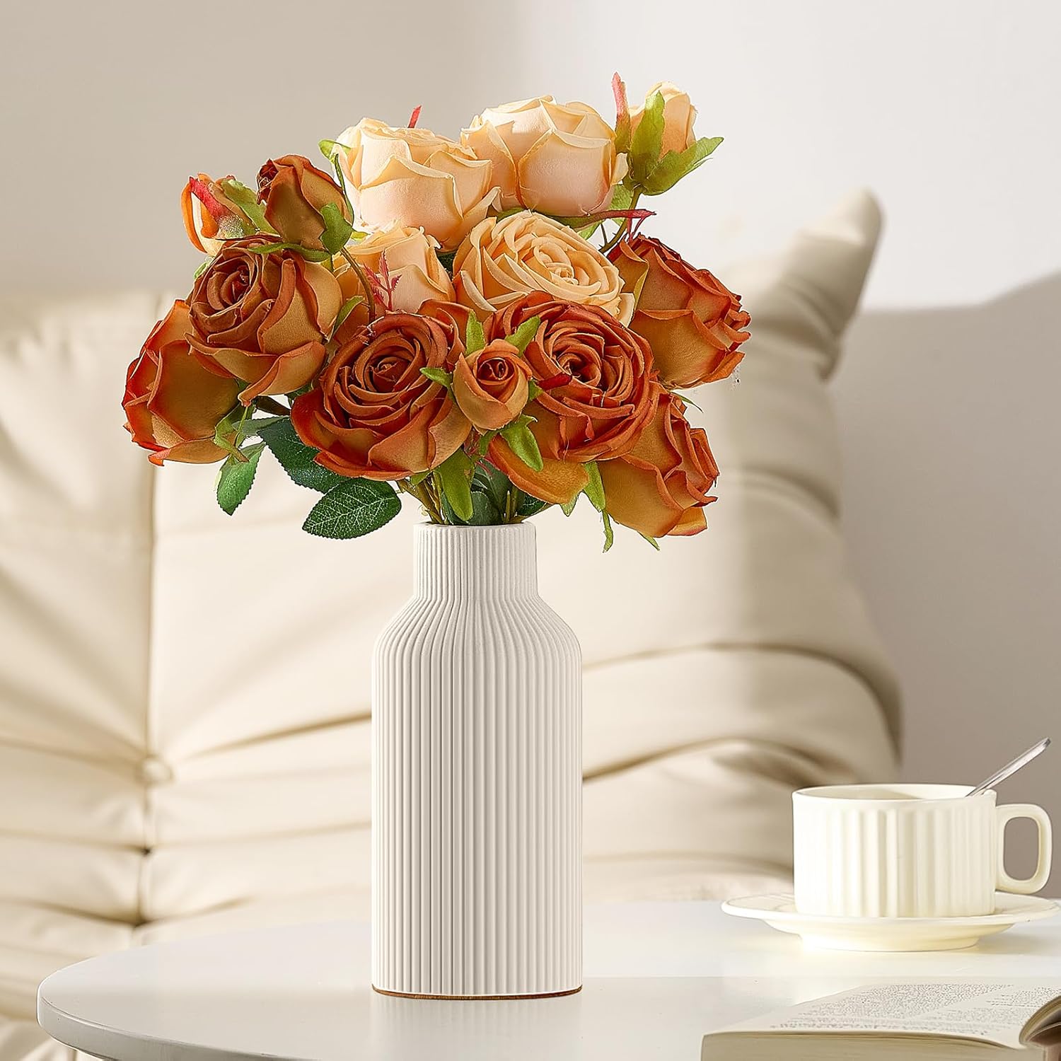 White Ceramic Flower Vase, Minimalist Decor, Modern Home Decorative Vase, Small Pampas Grass Vases For Kitchen, Bedroom, Office, Living Room, Bathroom, Shelf Centerpiece Table Decorations(8 in)