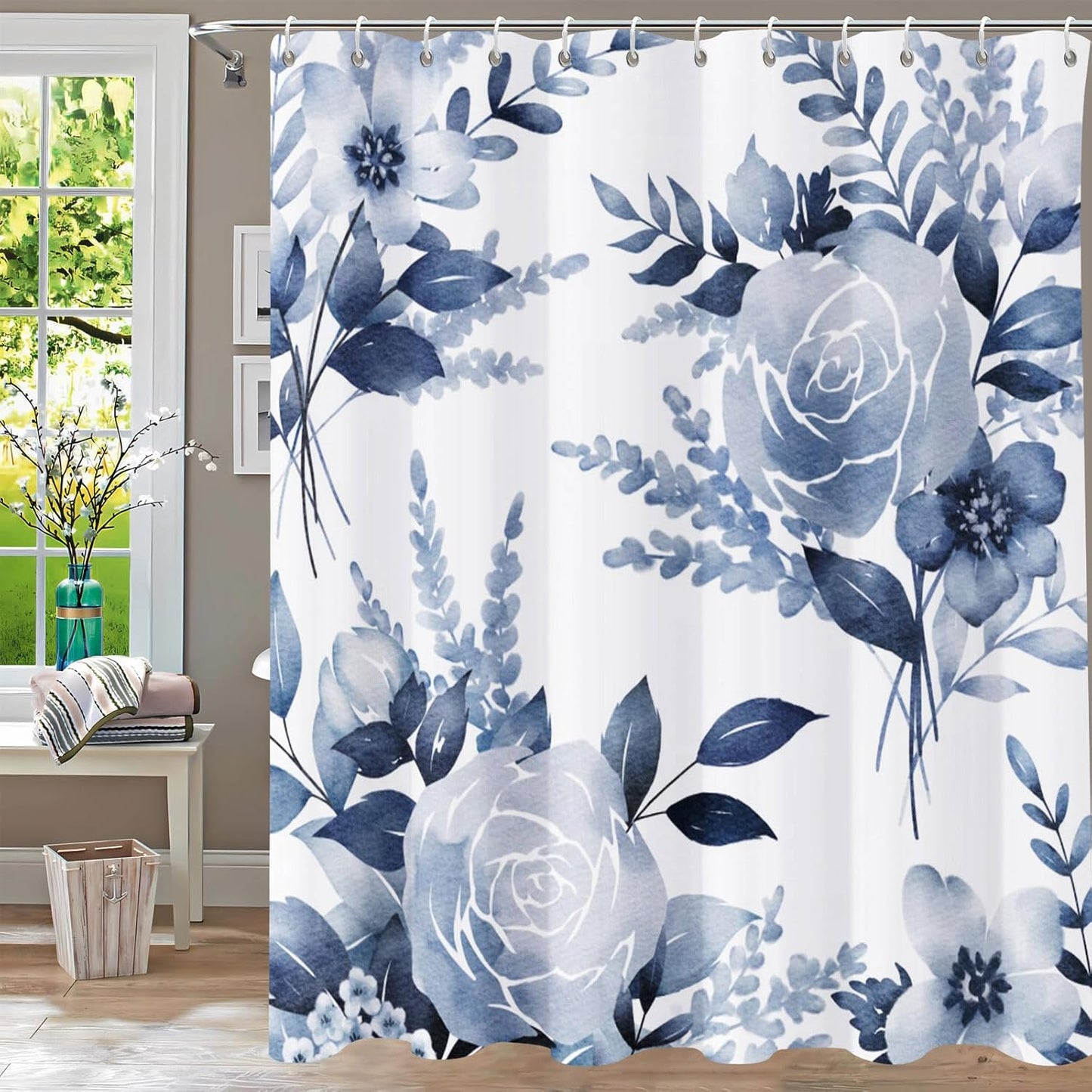 Shower Curtain Blue Eucalyptus Shower Curtains for Bathroom, Watercolor Leaf Shower Curtain Sets Waterproof Plant Shower Curtain Leaves Fabric Cloth Bathroom Curtains 72x72 inch with Hooks
