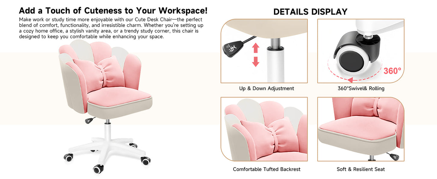 Chair with Bow Cushion Velvet Vanity Chair with Wheels, Upholstered Home Office Chair for Girls Women, Mid-Back Swivel Computer Task Chairs for Living Room Bedroom