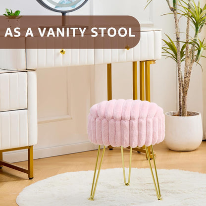 Vanity Stool with Storage, Faux Fur Ottoman Chair with Metal Legs, Round Makeup Vanity Chair for Bedroom or Dressing Table, Modern Small Ottoman Seat (Pink)