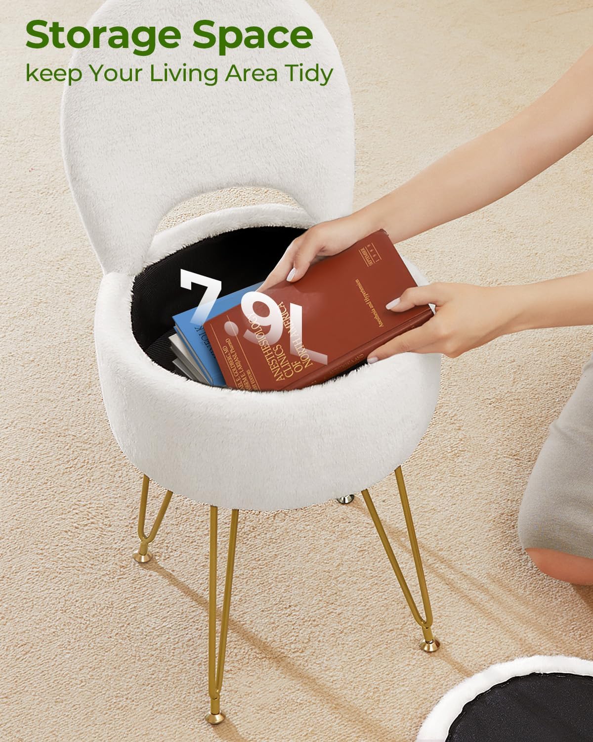 Small Vanity Stool Chair with Storage and Folding Back, 13" x 13" x 17.7" Faux Fur Soft Ottoman for Teenager, 4 Metal Legs with Anti-Slip Feet, Furry Padded Seat for Makeup, Bedroom, White