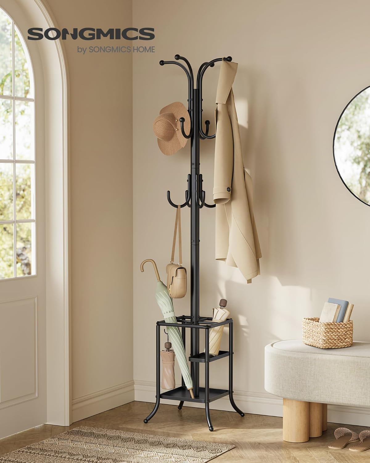 Coat Rack Freestanding with Umbrella Holder, Metal Coat Rack Stand with 12 Hooks, for Entryway, Hallway, Living Room, Bedroom, Ink Black URCR082BH02S