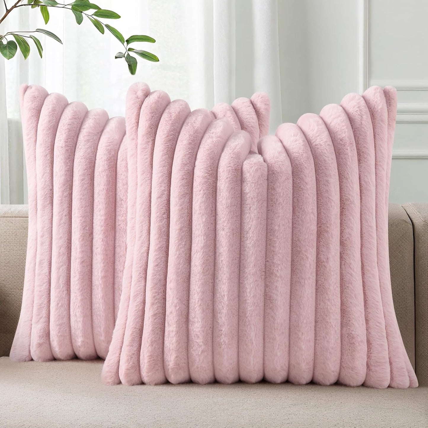 Pallene Faux Fur Plush Throw Pillow Covers 18x18 Set of 2, Luxury Soft Fluffy Striped Decorative Pillow Covers for Sofa, Couch, Living Room, Cream White