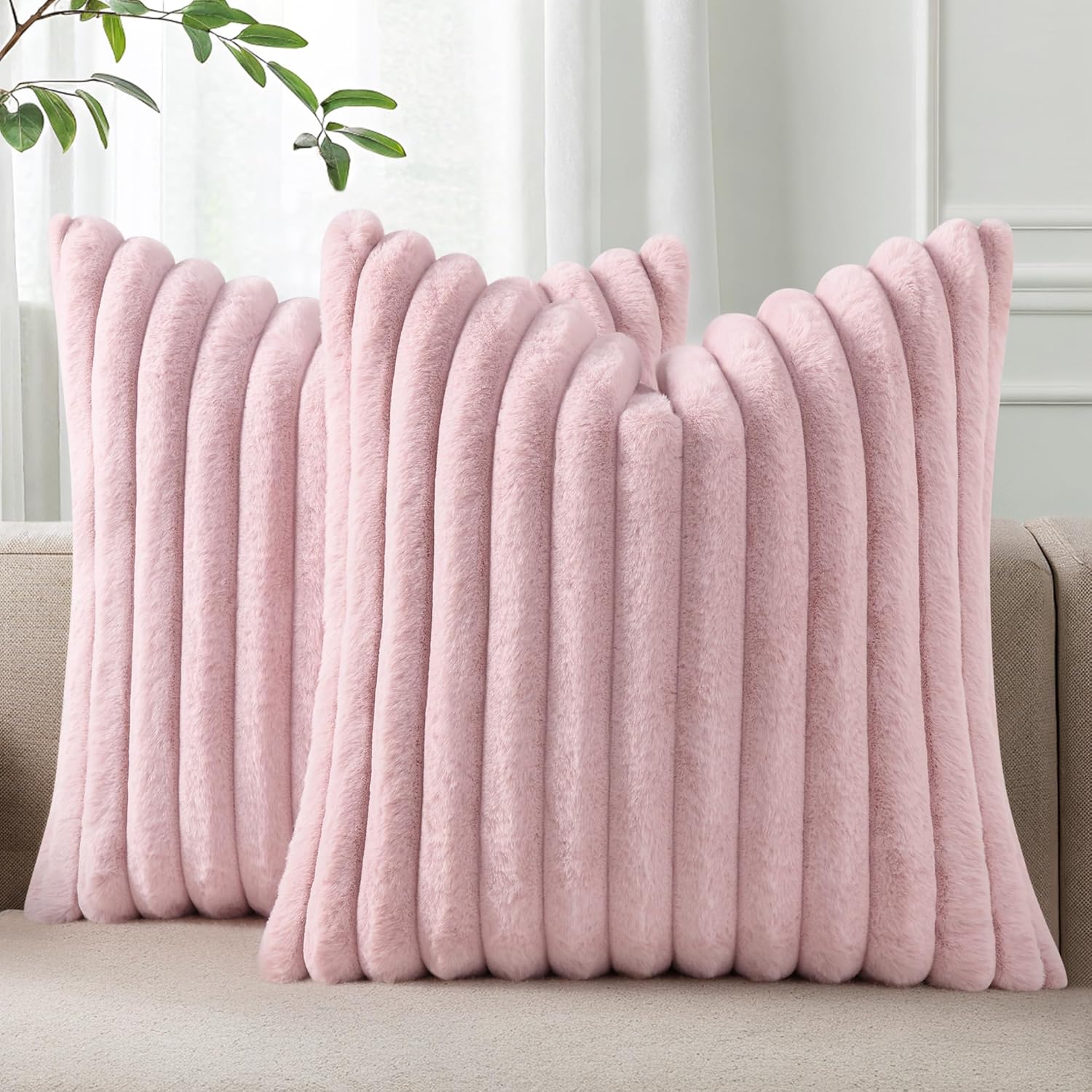 Pallene Faux Fur Plush Throw Pillow Covers 18x18 Set of 2, Luxury Soft Fluffy Striped Decorative Pillow Covers for Sofa, Couch, Living Room, Cream White