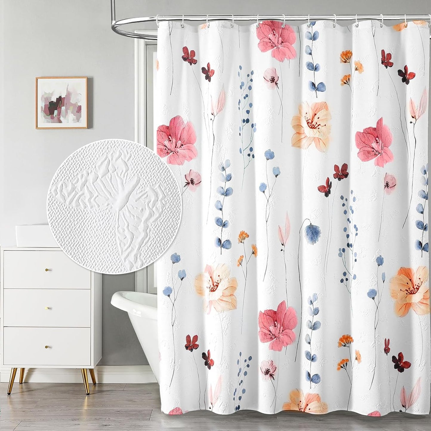 Watercolor Floral Shower Curtain, 3D Embossed Butterflies Grey Beige Flower Bathroom Curtains, Minimalist White Cloth Bath Curtain, Waterproof Fabric Textured Shower Curtain Set with Hooks, 72x72