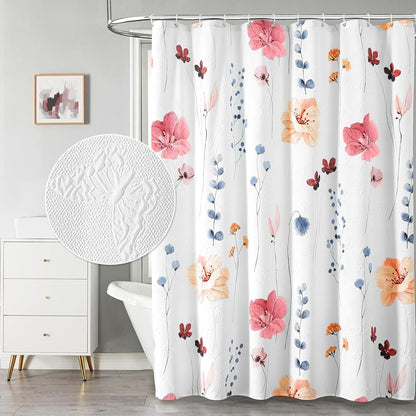 Watercolor Floral Shower Curtain, 3D Embossed Butterflies Grey Beige Flower Bathroom Curtains, Minimalist White Cloth Bath Curtain, Waterproof Fabric Textured Shower Curtain Set with Hooks, 72x72