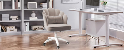 Chair with Bow Cushion Velvet Vanity Chair with Wheels, Upholstered Home Office Chair for Girls Women, Mid-Back Swivel Computer Task Chairs for Living Room Bedroom