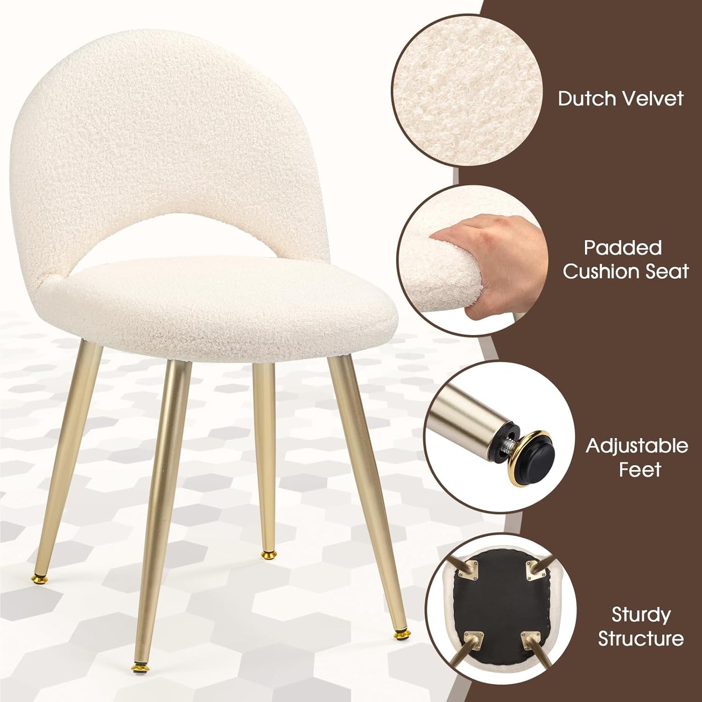 Vanity Chair with Adjustable Backrest, Boucle Upholstery Armless Makeup Stool, Cream White Sherpa Vanity Stool with Gold Metal Legs for Bedroom Living Room Kitchen Dinning Room (Gold and White)