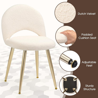 Vanity Chair with Adjustable Backrest, Boucle Upholstery Armless Makeup Stool, Cream White Sherpa Vanity Stool with Gold Metal Legs for Bedroom Living Room Kitchen Dinning Room (Gold and White)
