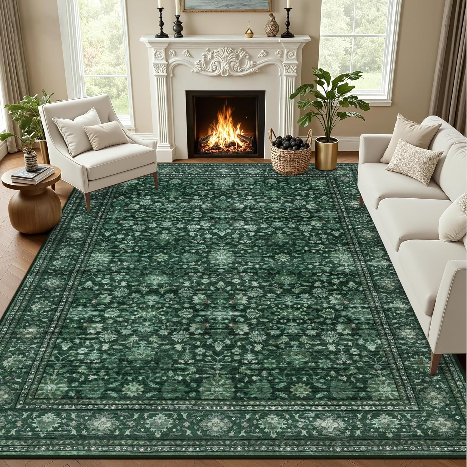 5x7 Area Rugs Living Room Rug: Washable Vintage Boho Rug No Slip Stain Resistant Soft Carpet Indoor Floor Floral Large Carpets for Bedroom Dining Room Farmhouse Nursery Hallway Home Office Beige