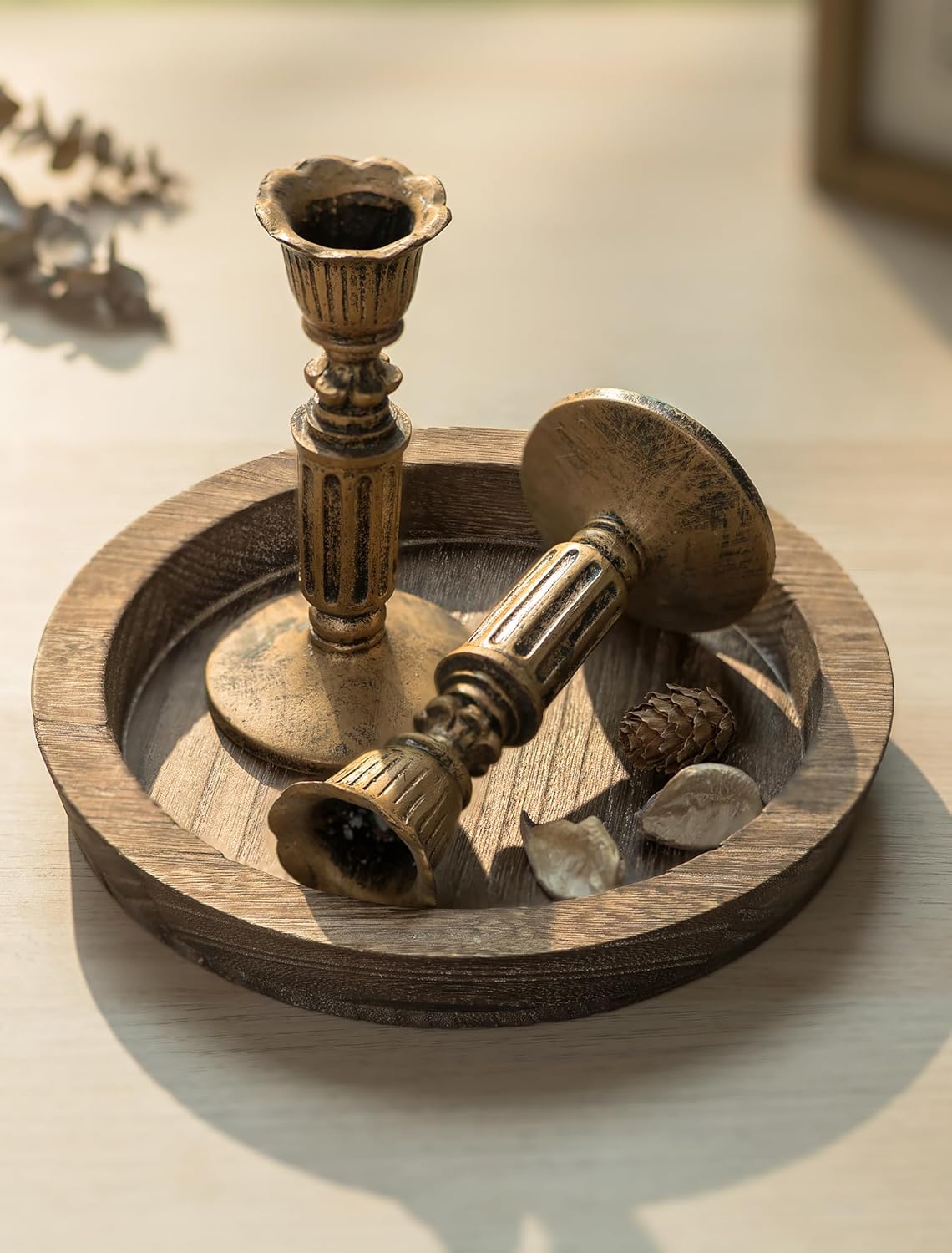 Candle Plate Holder Tray: Round Wood Decorative Candle Plate - Rustic Farmhouse CoffeeTable Decor - Tealight Pillar Trays for Home Decor (Distressed)