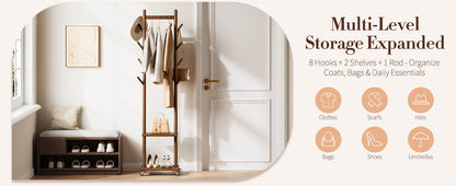 Solid Wood Coat Rack Freestanding - Rolling Clothes Rack with 8 Hooks & Shelves, Small Clothing Rack with Wheels, Heavy Duty Clothing Racks for Hanging Clothes, Portable Hall Tree for Entryway
