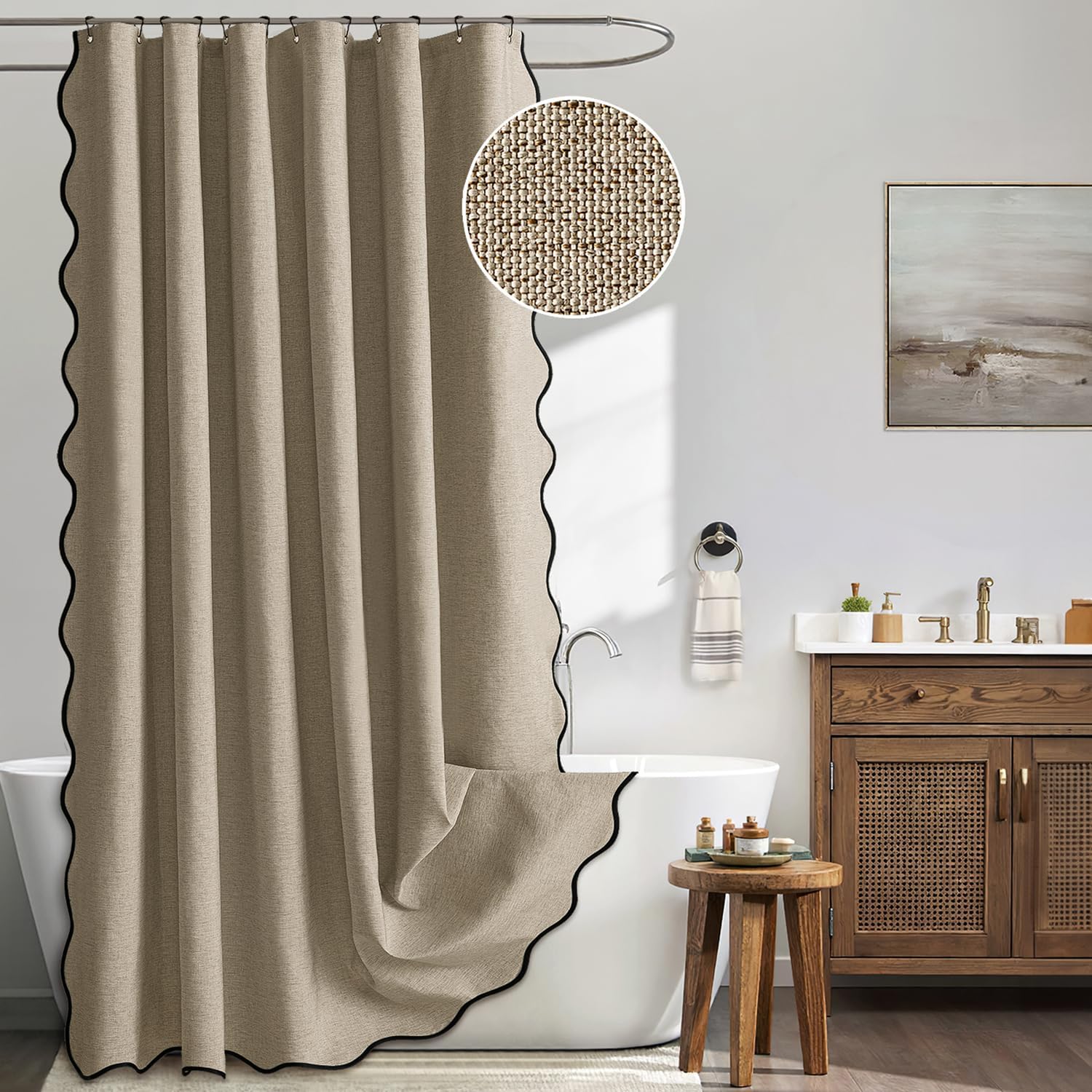 Beige Scalloped Shower Curtain Linen Textured with 12 Metal Hooks Cute Heavy Duty Washable Waterproof Neutral Thick Cloth Shower Curtains with Black Border for Bathroom Bathtub,W72*L72 Cream