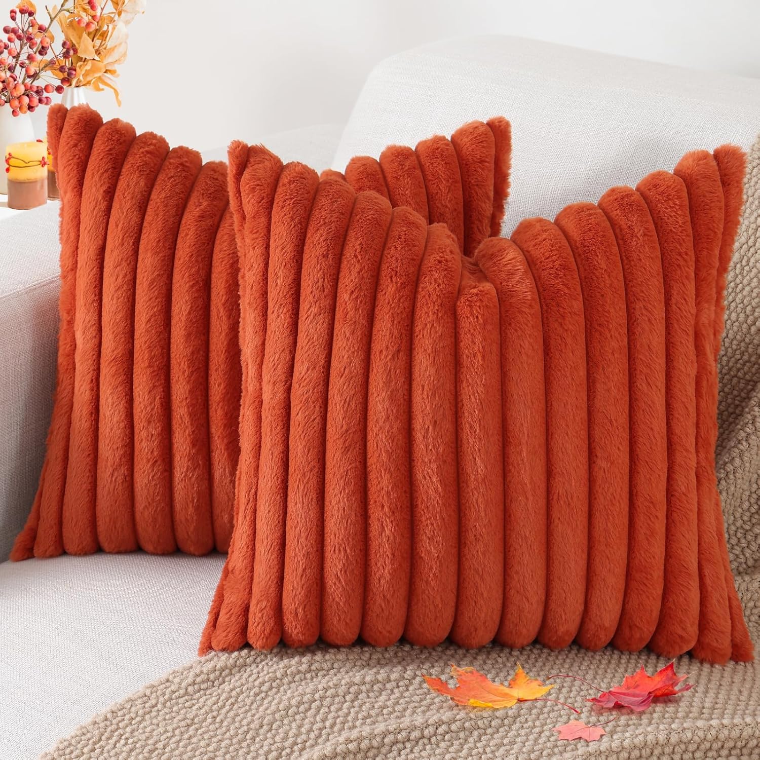 Pallene Faux Fur Plush Throw Pillow Covers 18x18 Set of 2, Luxury Soft Fluffy Striped Decorative Pillow Covers for Sofa, Couch, Living Room, Cream White