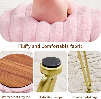 Vanity Stool with Storage, Faux Fur Ottoman Chair with Metal Legs, Round Makeup Vanity Chair for Bedroom or Dressing Table, Modern Small Ottoman Seat (Pink)