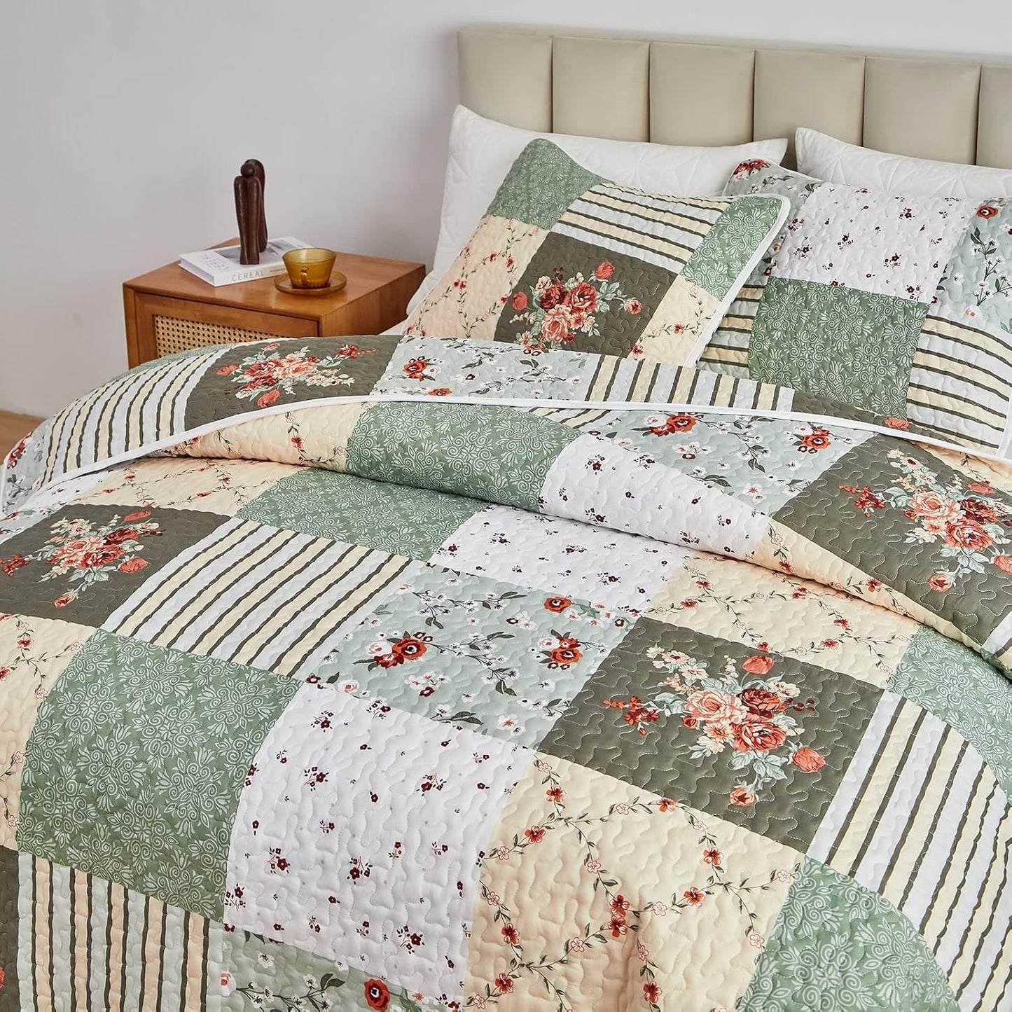 Quilt Set Full/Queen Size, 3 Pieces Green Floral Plaid Summer Bedspread Coverlet Set, Soft Microfiber Reversible Lightweight Bed Cover for All Season (90" x 90", 1 Quilt+ 2 Pillow Shams)