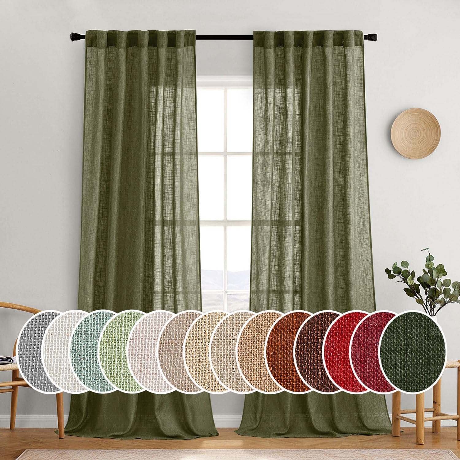 Natural White Linen Curtains 84 Inch Long for Bedroom Living Room, Soft Thick Linen Textured Window Drapes Semi Sheer Light Filtering Rod Pocket Back Tab Neutral Farmhouse Cream Ivory 2 Panels
