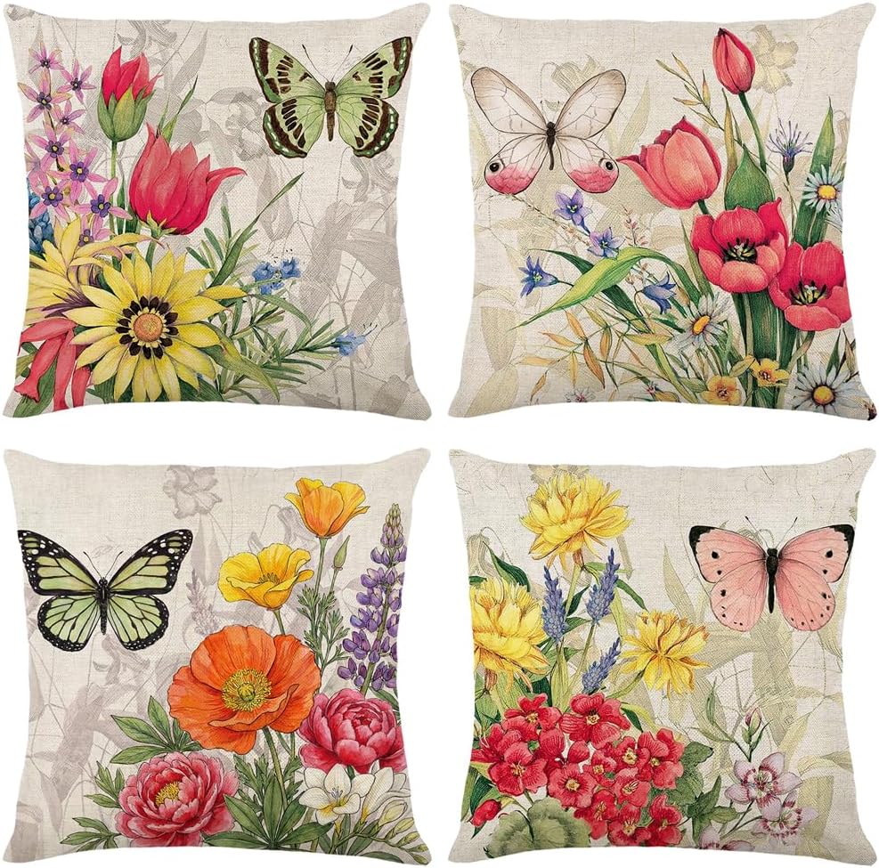 wyooxoo Throw Pillow Covers 18x18 Set of 4 Decorative Spring Pillow Covers Linen Flower Butterfly Farmhouse Pillowcases for Sofa Couch Living Room Outdoor