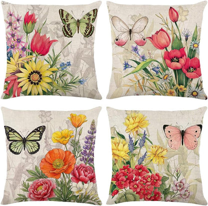 wyooxoo Throw Pillow Covers 18x18 Set of 4 Decorative Spring Pillow Covers Linen Flower Butterfly Farmhouse Pillowcases for Sofa Couch Living Room Outdoor