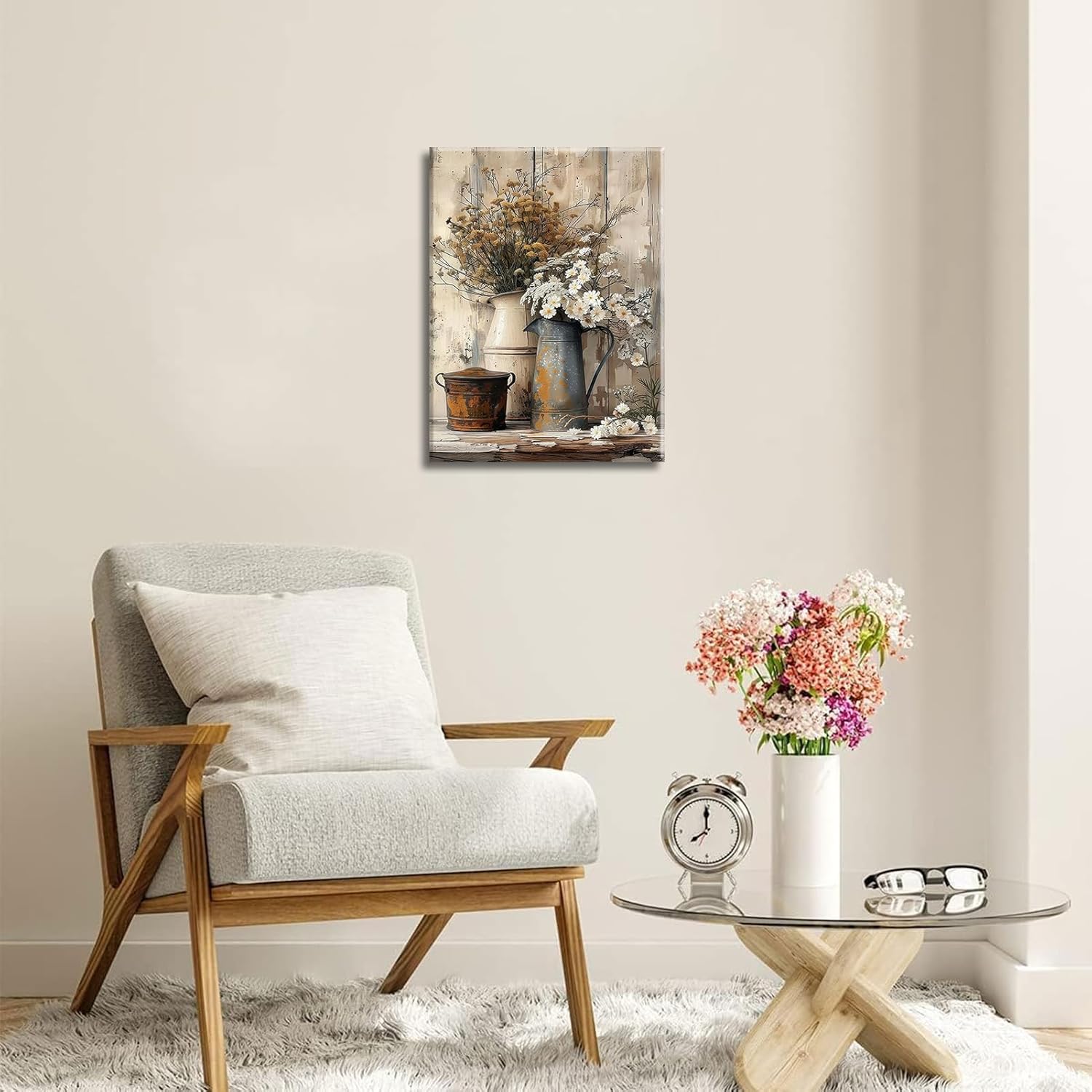 Farmhouse Rustic Daisy Canvas Wall Art Vintage Country Floral Posters Print White Jasmine Flowers and Rust Color Watering Can Wall Decor Picture for Living Room Bedroom Bathroom Decoration