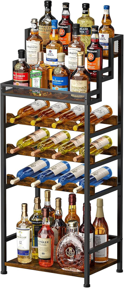 Tiered Wine Rack and Liquor Cabinet, Large Capacity Freestanding Floor Wine Storage Shelf for Red Wine, Champagne & Whiskey, Stepped Bottle Display Stand for Home Bar, Living Room, Corner, Dining Room