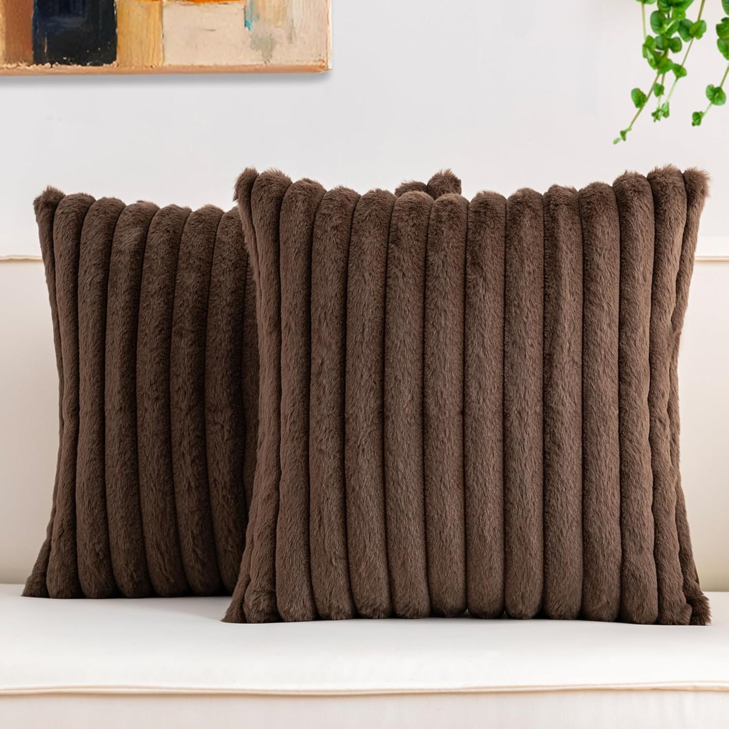 Pack of 2 Faux Fur Christmas Throw Pillow Covers 18x18 Inch, Soft Plush Striped Neutral Couch Pillow Cover, with Velvet Back Modern Home Decor for Sofa Living Room Couch Bed Cream White