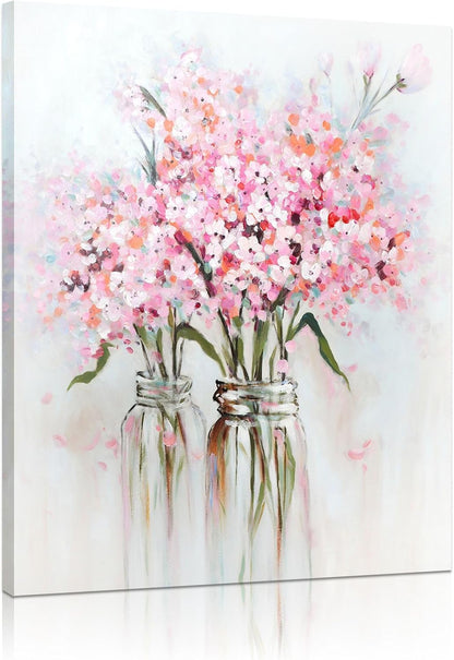 Pink Flowers Canvas Wall Art: Abstract Bouquet in Vase Artwork Prints for Teen Girl Bedroom Pink Floral Picture Poster Bathroom Decor 12" x 15"