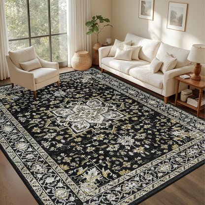 5x7 Area Rugs Living Room Rug: Washable Vintage Boho Rug No Slip Stain Resistant Soft Carpet Indoor Floor Floral Large Carpets for Bedroom Dining Room Farmhouse Nursery Hallway Home Office Beige