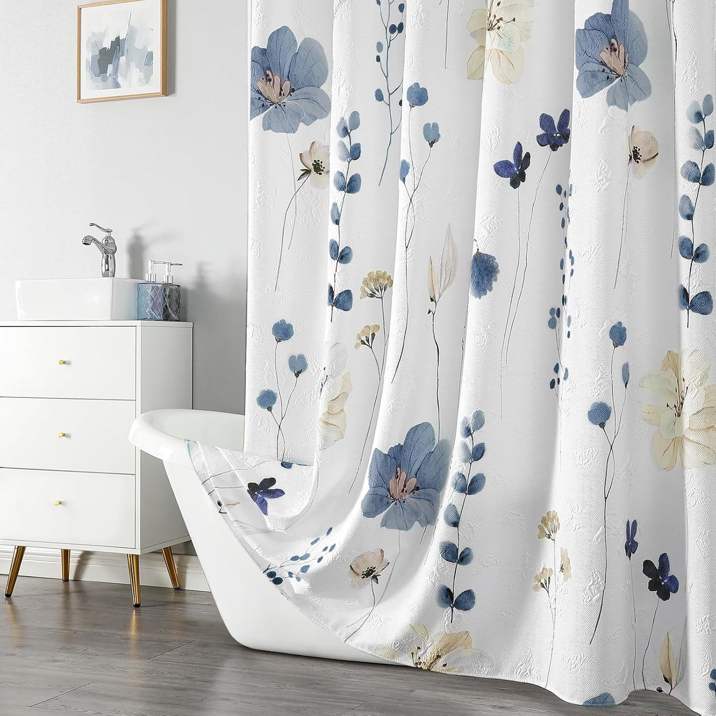 Watercolor Floral Shower Curtain, 3D Embossed Butterflies Grey Beige Flower Bathroom Curtains, Minimalist White Cloth Bath Curtain, Waterproof Fabric Textured Shower Curtain Set with Hooks, 72x72