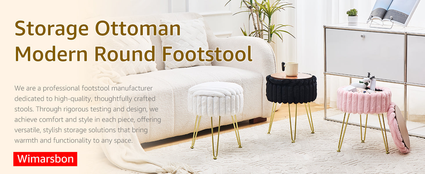 Vanity Stool with Storage, Faux Fur Ottoman Chair with Metal Legs, Round Makeup Vanity Chair for Bedroom or Dressing Table, Modern Small Ottoman Seat (Pink)