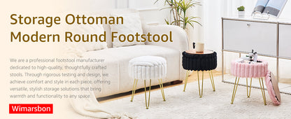 Vanity Stool with Storage, Faux Fur Ottoman Chair with Metal Legs, Round Makeup Vanity Chair for Bedroom or Dressing Table, Modern Small Ottoman Seat (Pink)