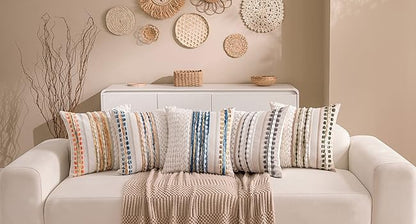 Boho Chenille Tufted Couch Throw Pillow Covers 18x18 Inch Set of 2 Farmhouse Striped Decorative Pillow Covers Accent Neutral Square Pillowcase Green Cushion Covers for Livingroom Sofa Bed