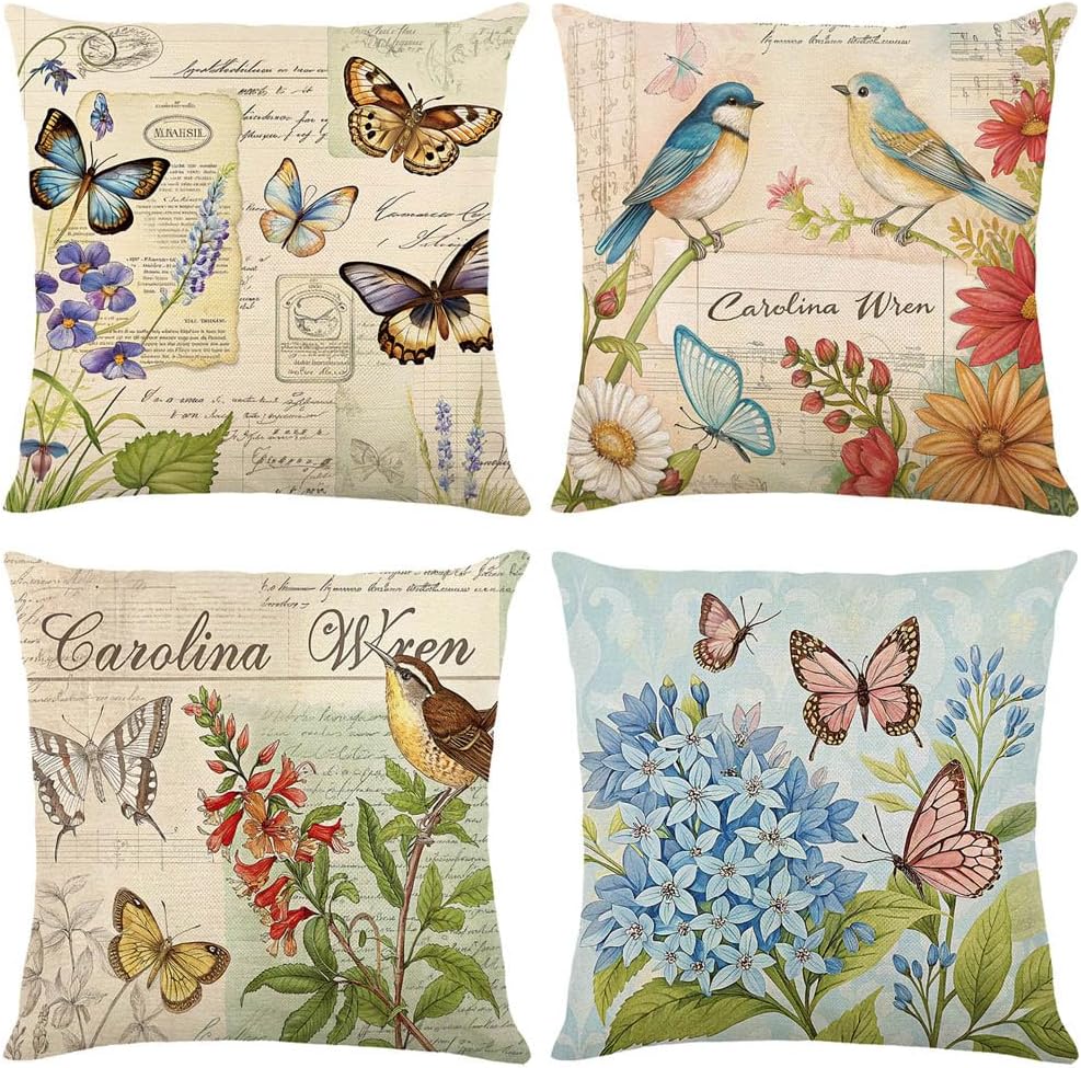 wyooxoo Throw Pillow Covers 18x18 Set of 4 Decorative Spring Pillow Covers Linen Flower Butterfly Farmhouse Pillowcases for Sofa Couch Living Room Outdoor